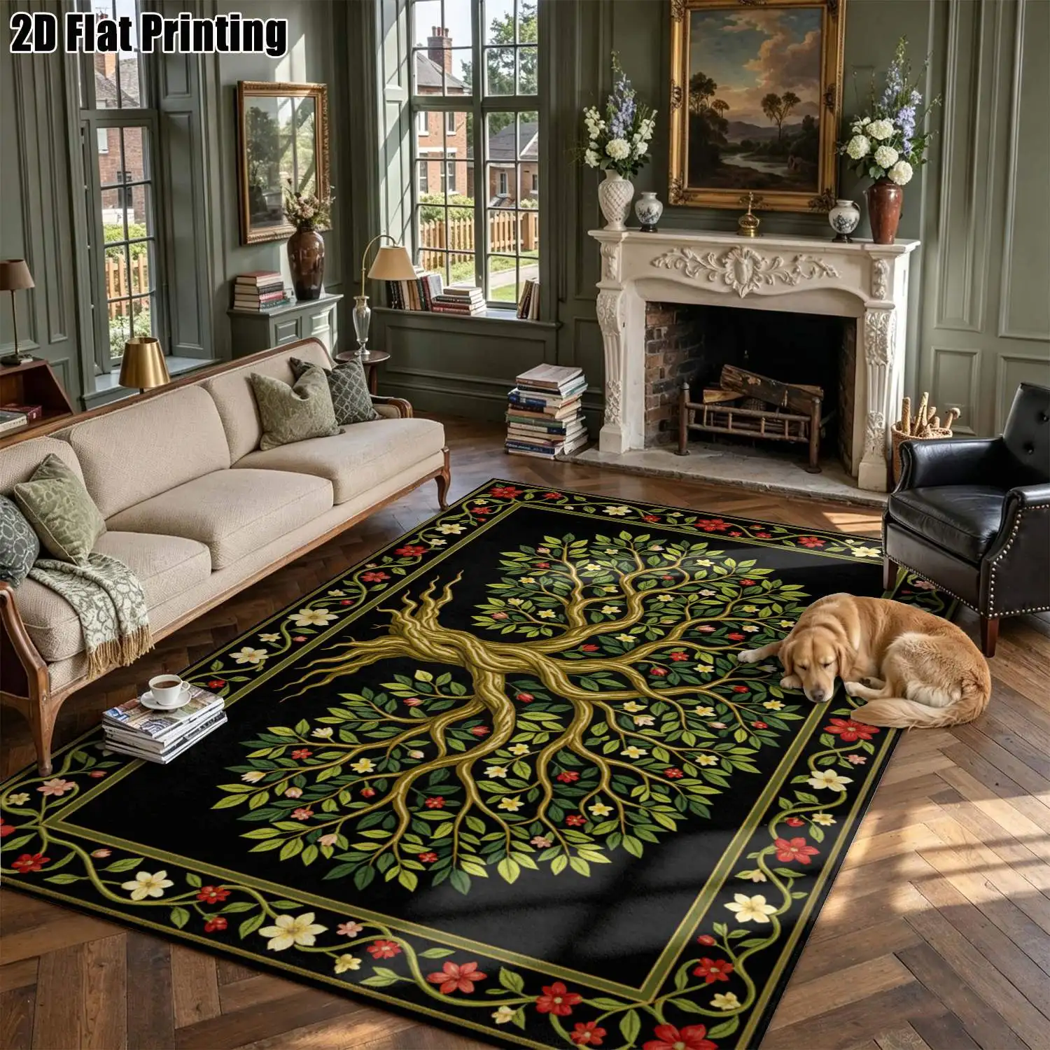 1Pc 2D Printed Carpet with Golden Life Tree Flower Pattern, European Retro Bohemian Geometric Style, Home Decor, Multiple Sizes, Machine Washable, Suitable for Entrance, Dining Room, Foyer, Bedroom, Living Room