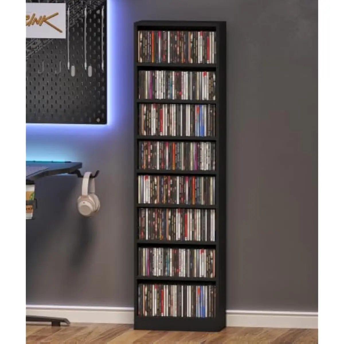 8-Tier Adjustable Media Tower for CDs DVDs Vinyl Books & Small Electronics – Slim 6.7 Inch Depth Design – Engineered Wood Constr