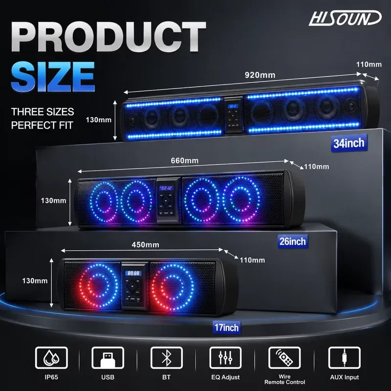 for Polaris RZR 34 Inch UTV Soundbar IP65 Waterproof Bluetooth Speaker Deep Bass ATV SxS Golf Cart