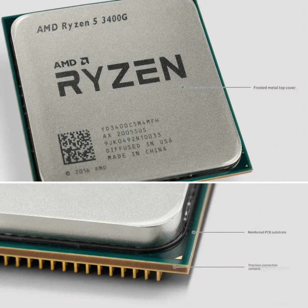 AMD Ryzen 5 3400G R5 3400G AM4 Socket Desktop CPU 4 Core 8 Thread 3.7GHz 4.2GHz Boost 4MB L2 8MB Without Cooler view 4