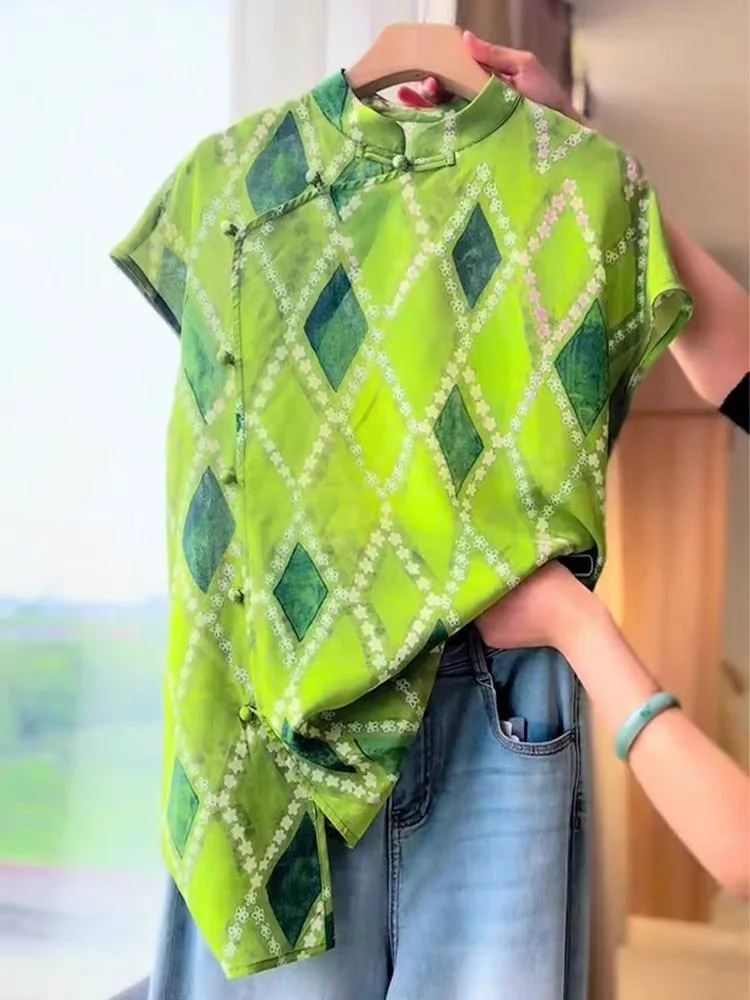 

Новый китайский цветной принт Sle een Blo ort Sve воротник-стойка irt женский весенне-летний топ корейский свободный крой с высокой талией