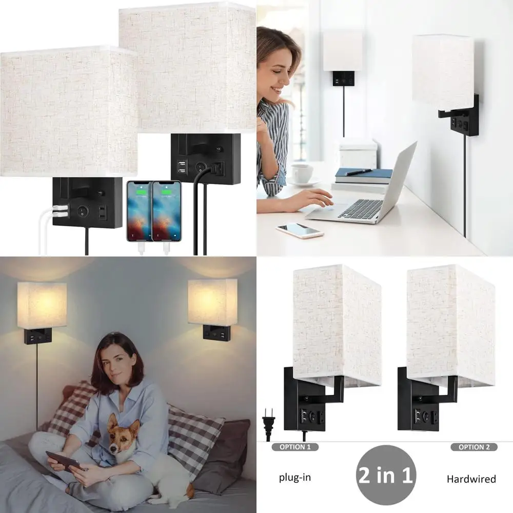 

Pair of Modern Plug-in Wall Sconces with USB & AC Outlet, Black Brushed Nickel, LED Bulb Included