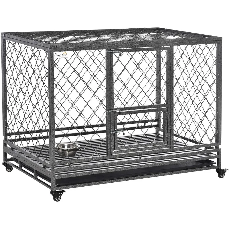 Heavy Duty Dog Crate, Metal Dog Cage Kennel with Lockable Wheels, Slide-Out Tray, Food Bowl and Double Doors, Easy Clean-Up