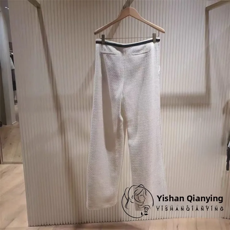   M 2025 Inizio autunno Nuovo colore semplice Blo Tweed Pantaloni a gamba dritta Pantaloni lunghi casual per donna a vita alta