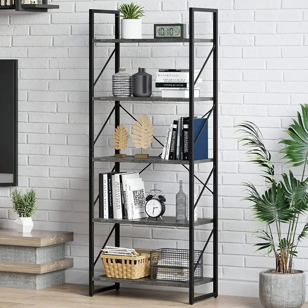 

5-Tier Bookcase Storage Shelves, 65 in Ladder Bookshelf, Industrial Furniture for Bedroom Living Room Office, Charcoal G