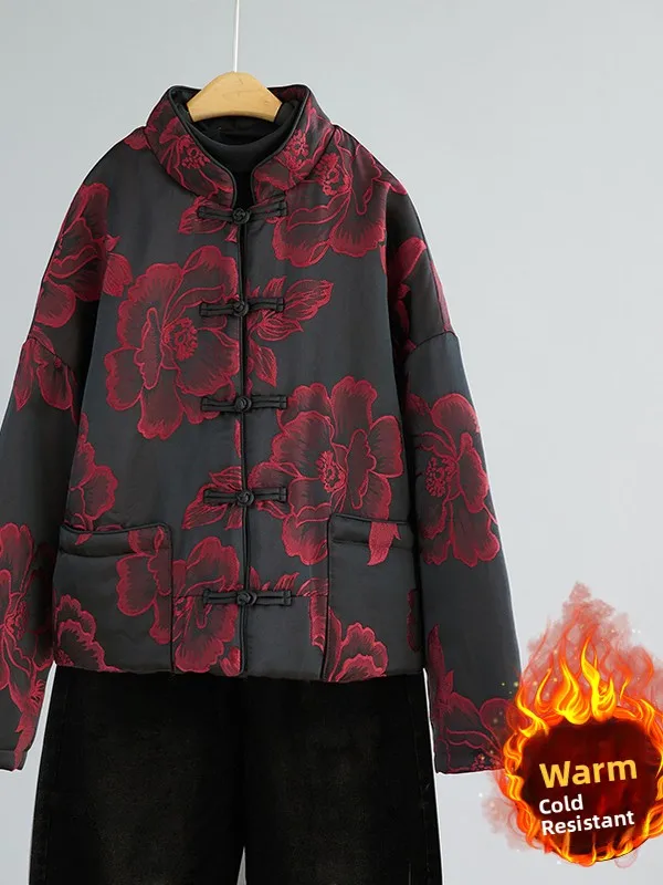 

plus Size Faionable Thiened Cotton Warm Floral Embroidery ort Design Jaet New Chinese Sle Outerwear Women's Coat