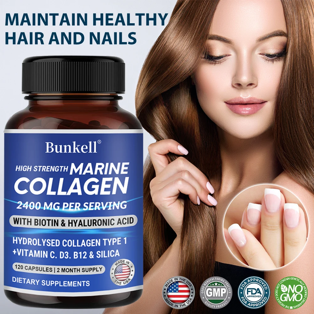 High Strength Marine Collagen Capsules - 2400 Mg, Biotin Hyaluronic Acid Supplement - for Skin, Hair, Nails & Joints, Anti-Aging