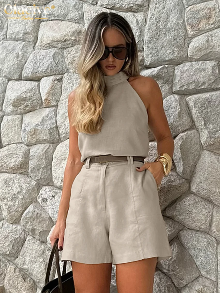Clacive Mode Losse Kaki Katoen 2-delige Sets Vrouw Outfit 2025 Zomer Mouwloze Tank Top Met Hoge Taille Shorts Set Vrouwelijke