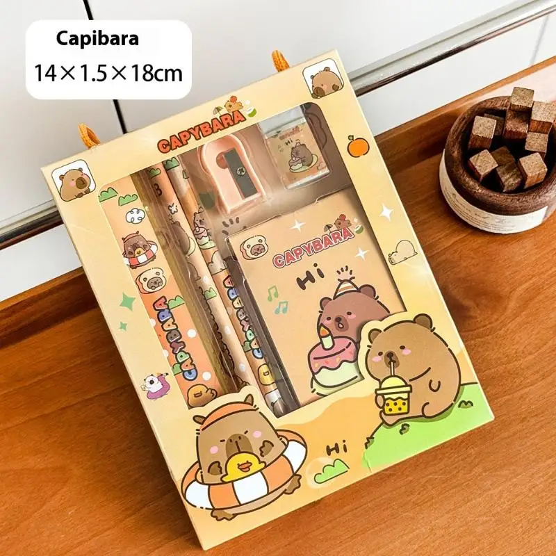 6Pcs/Set Schooes Cute Cartoon Capybara Pencil Stationery Set Kawaii Eraser Pencil Sharpener Children Student Stationery Supplies