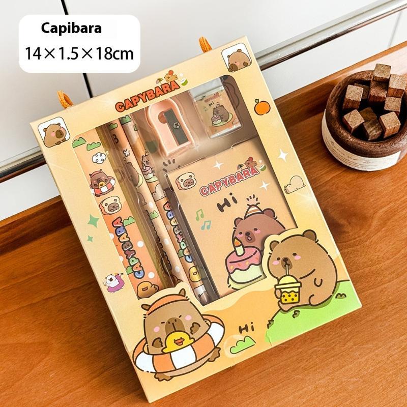  6Pcs/Set Schooes Cute Cartoon Capybara Pencil Stationery Set Kawaii Eraser Pencil Sharpener Children Student Stationery Supplies 