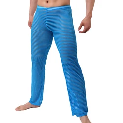 Mens Loose Casual Pajama Pants Striped Mesh See Through Long Trousers Breathable Lounge Sleep Bottoms Sexy Sleepwear Homewear