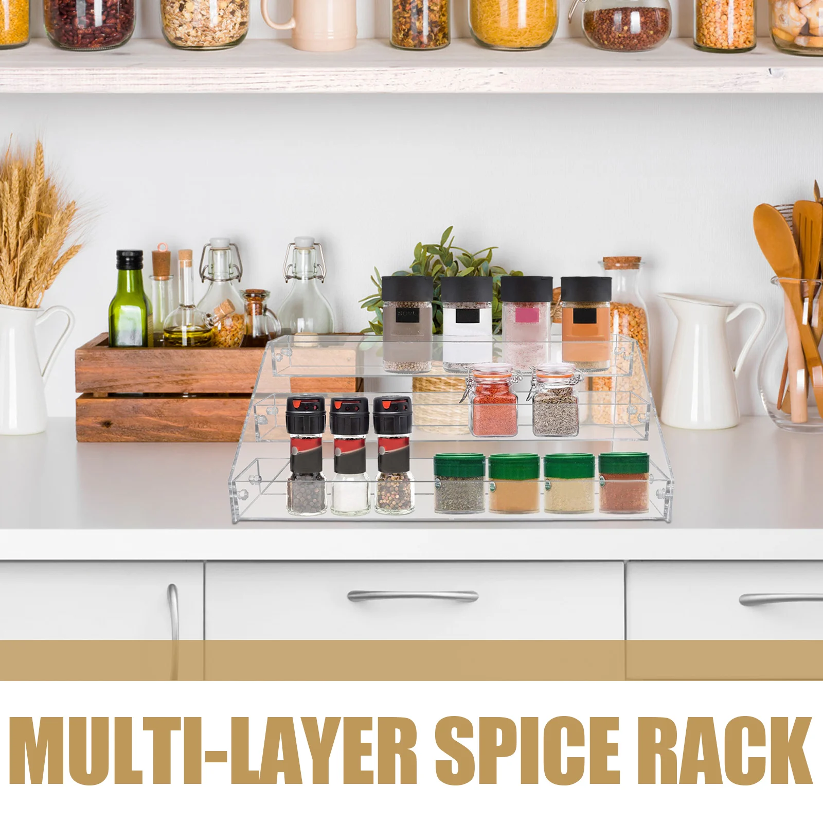 

Acrylic Tiered Spice Rack Organizer Transparent Kitchen Cabinet Countertop Spice Jar Holder Shelf Spices Rack Spices Container