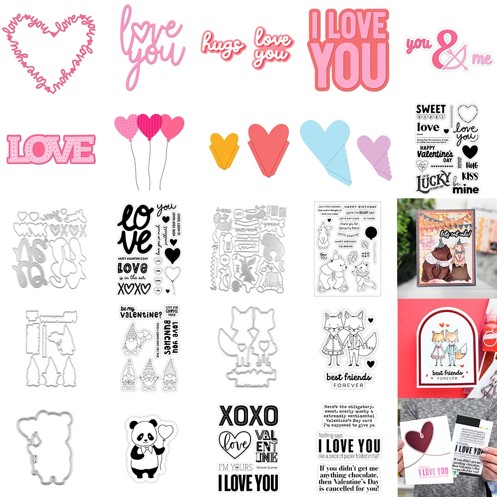 I Love You Bold Words Dies Sweet Sentiments Clear Stamps Bear Fox Gnome Pattern Seal for DIY Valentine's Days Paper Card Crafts
