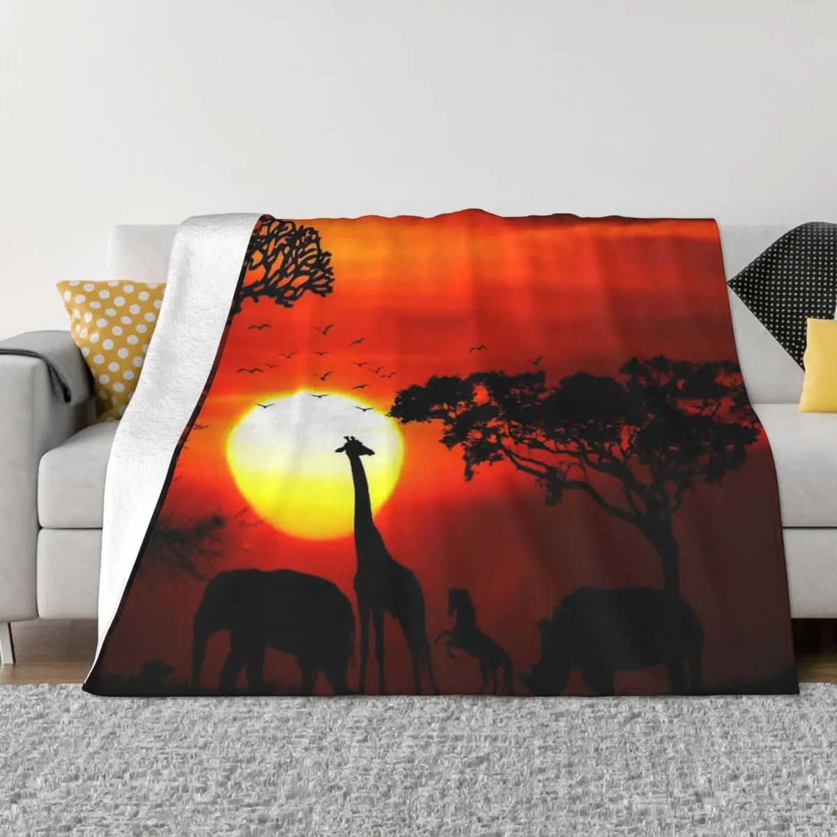 Wild Animals on African Savanna Sunset Bed Blankets Soft Cozy throw Blanket For Couch Portable Travel Flannel Blanket Cover