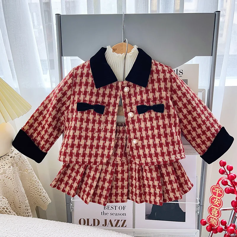 Childrens Sets Girl Winter New Fashion Adding Cotton Keep Warm Loose Coat Short Skirt Two Pieces 2024 Fashion Sweet