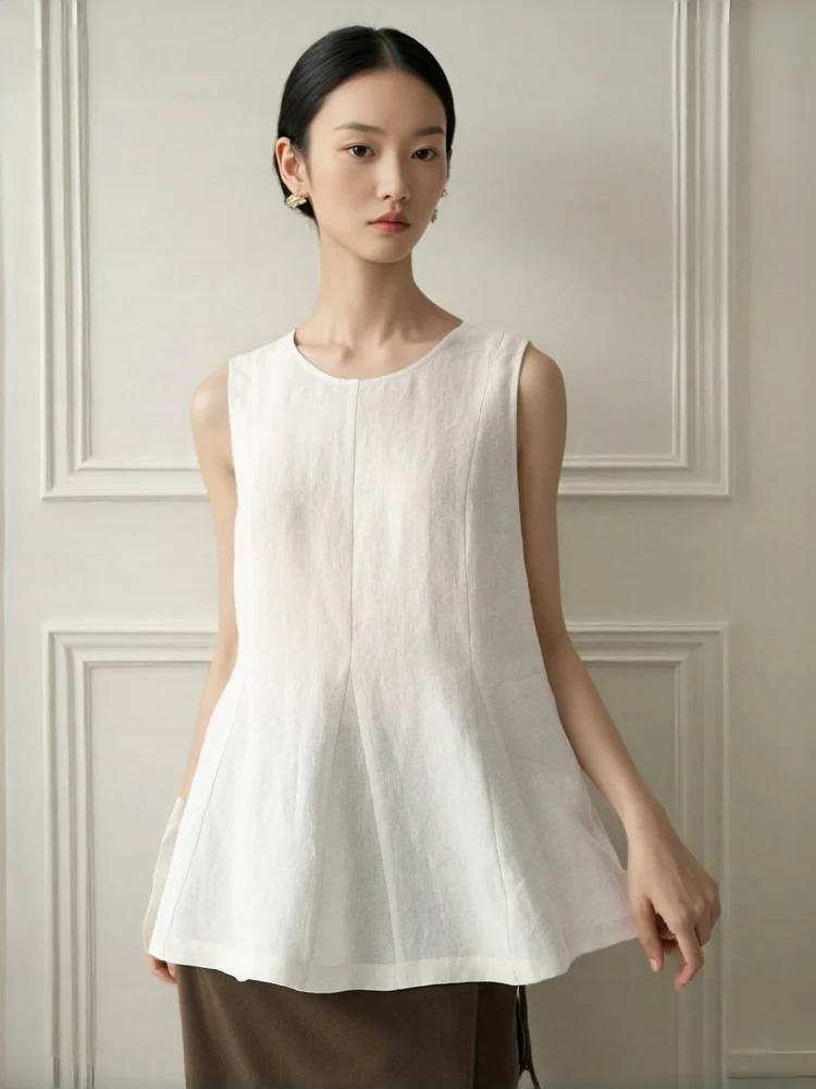 

Summer New Sle 00% Linen irt Waist-Cinching Svel round Ne Top Women's Faion Loose Fit Pure Color Crew Ne