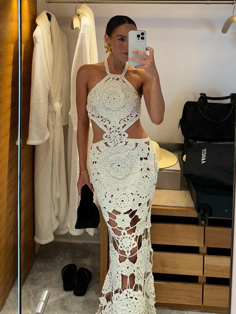 Vestido largo de punto con flores y gancho para mujer, vestido largo Sexy con cuello Halter, sin mangas y espalda descub