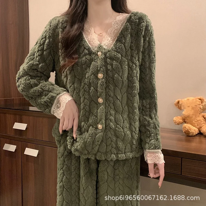 

autumn winter Women pajamas coral fleece fleece-lined thicken Comfortable Sleepwear keep warm flannel Cotton homewear suit