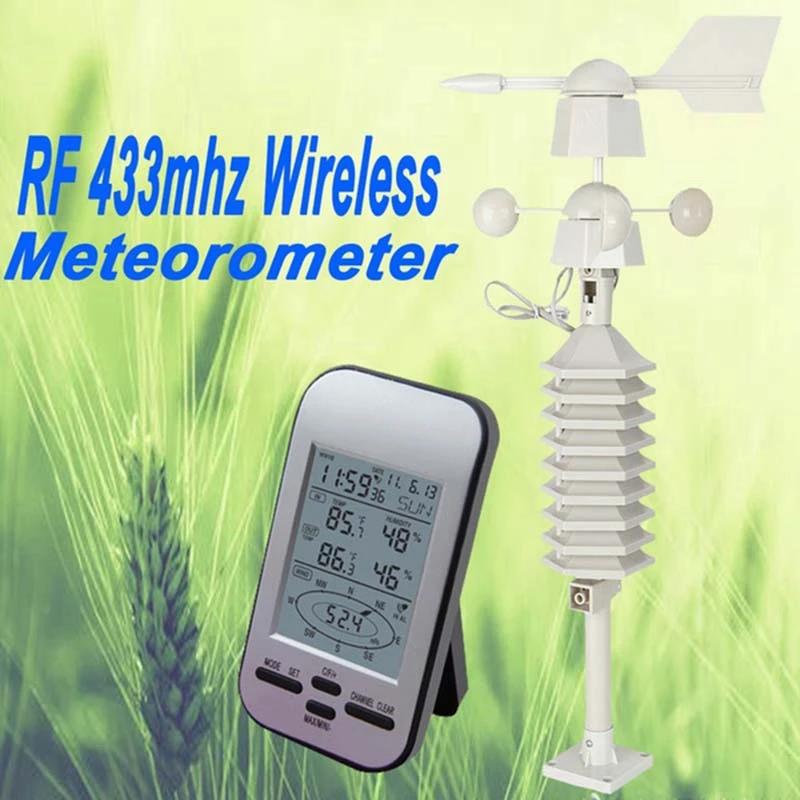 ساعة الطقس RF 433Mhz محطة الطقس اللاسلكية على مدار الساعة مع جهاز اختبار سرعة الرياح ومستشعر الاتجاه توقعات درجة الحرارة والطقس