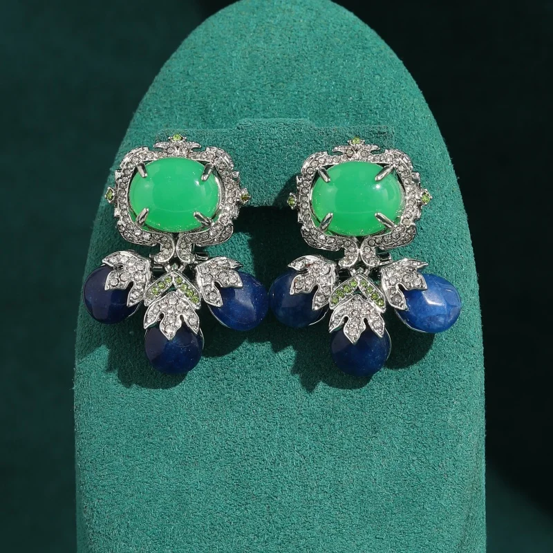 

Vintage Jewelry Blue Natural Stone Green Agate Lapis Lazuli Earrings Rhinestones Plant For Woman Wedding Summer Accessories 2026