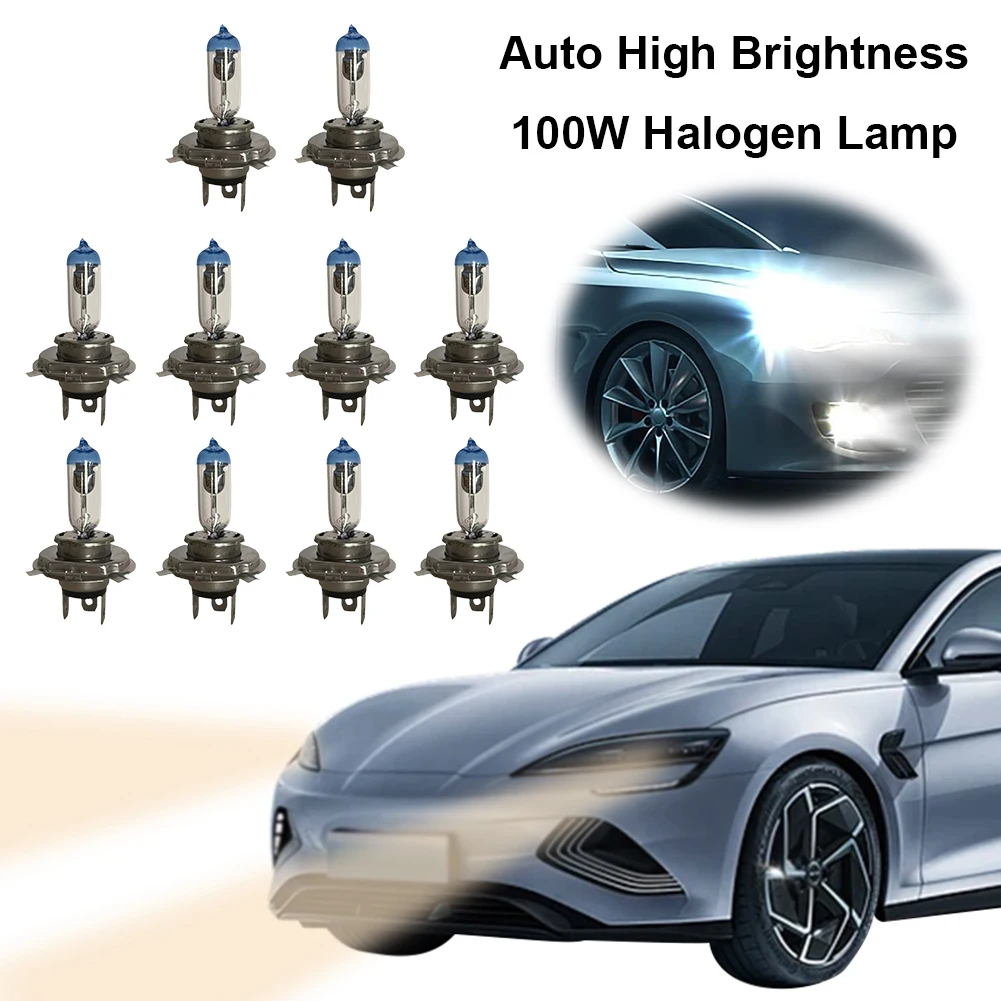 10Pcs H4 12V 100W Super Bright Car Light 6000K Halogen Headlight Bulbs Auto Halogen Light Bulb 2500LM High Low Beam