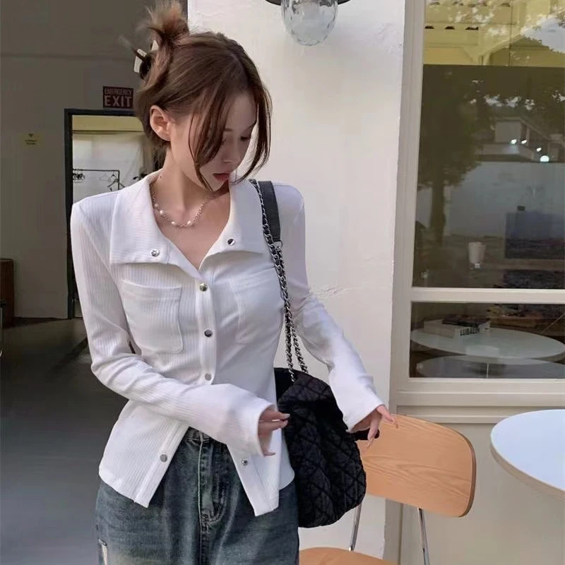 MEXZT Y2k White T Shirts Women Streetwear Long Sleeve Crop Tops Korean Fashion Single Breasted Pockets Slim All Match Tees New