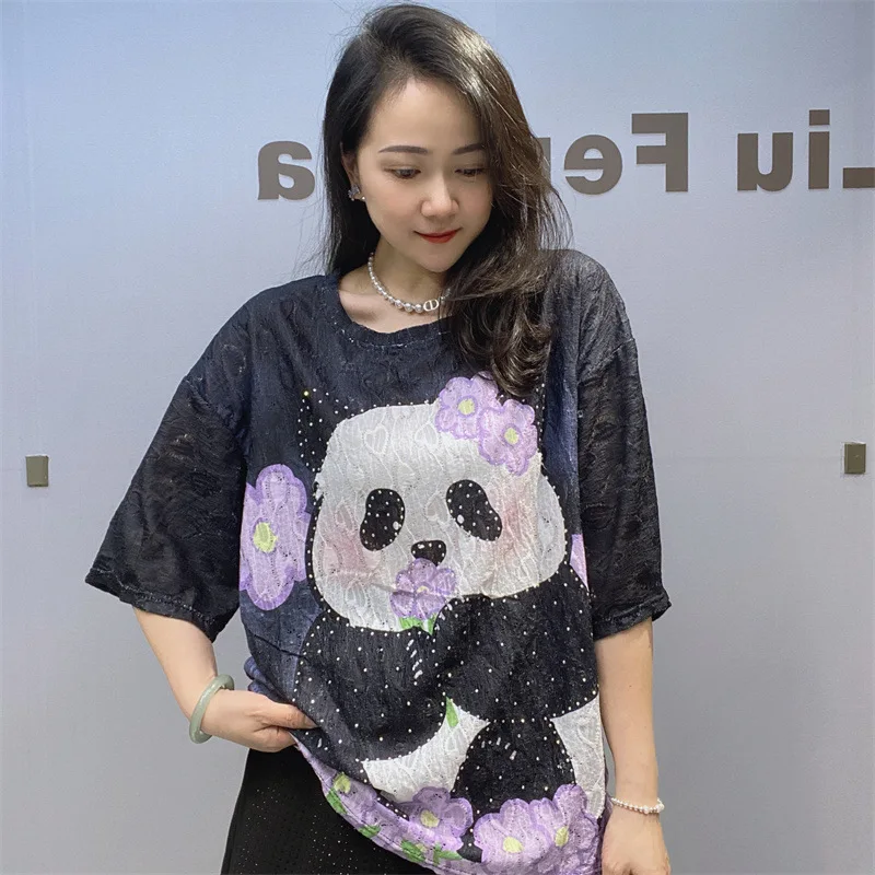 2024 Fashion Panda Printed T Shirts for Women Summer Clothes Casual Cartoon Pattern Diamonds Female Short Sleeve Top Tee Camisas