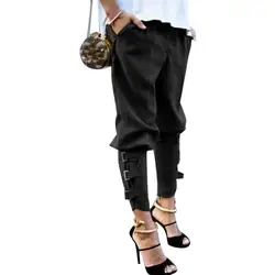 Casual Loose Long Pants Solid Color Trousers Buckle Women Straps Harem Pocket Trousers