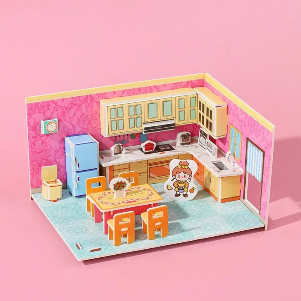 3D Model 3D Room Model Puzzle Toys Kitchen Bedroom 3D Room Cardboard Miniatures Bathroom Room Model Craft Toys Children