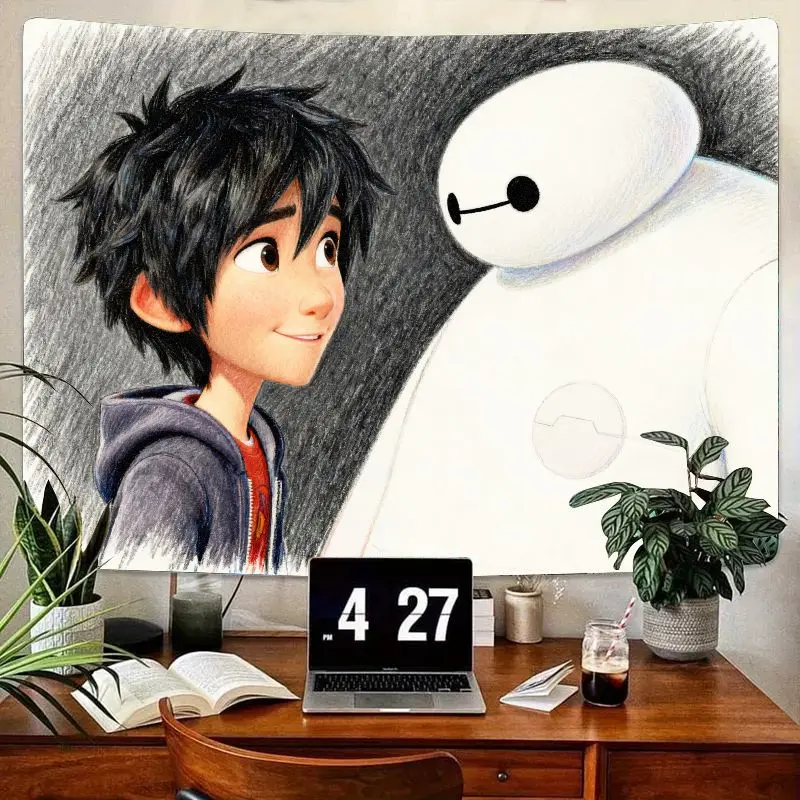 

1 шт., гобелен Big Hero 6 Hiro Baymax Friendship, аниме, настенное искусство, полиэстер, декор комнаты, милый подарок для детей и фанатов, спальня, общежитие