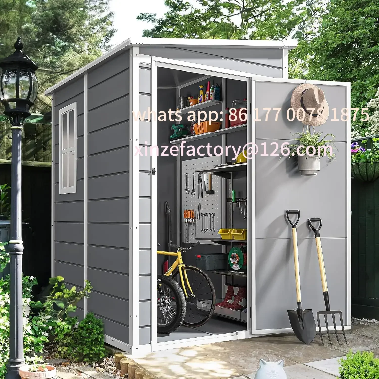 Capannone portaoggetti da esterno in resina personalizzabile con pavimento, grande capannone portaoggetti con porta e finestra con serratura, plastica impermeabile