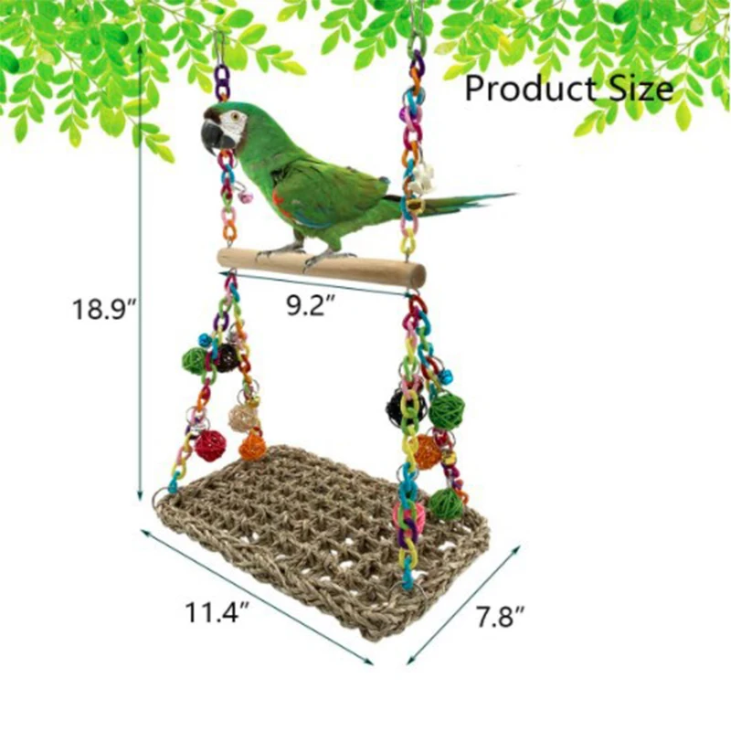 1PCS Parrot Toy Bird Toy Parrot Swing Seagrass Mat Parrot Swing Toy with Wooden Perch for Parakeets Budgie Ladder Swing Supplies