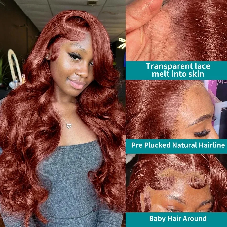 Wig rambut manusia renda depan gelombang tubuh coklat kemerahan 13x4 Wig rambut manusia renda depan HD Wig rambut manusia telah ditanami rambut Remy Brasil