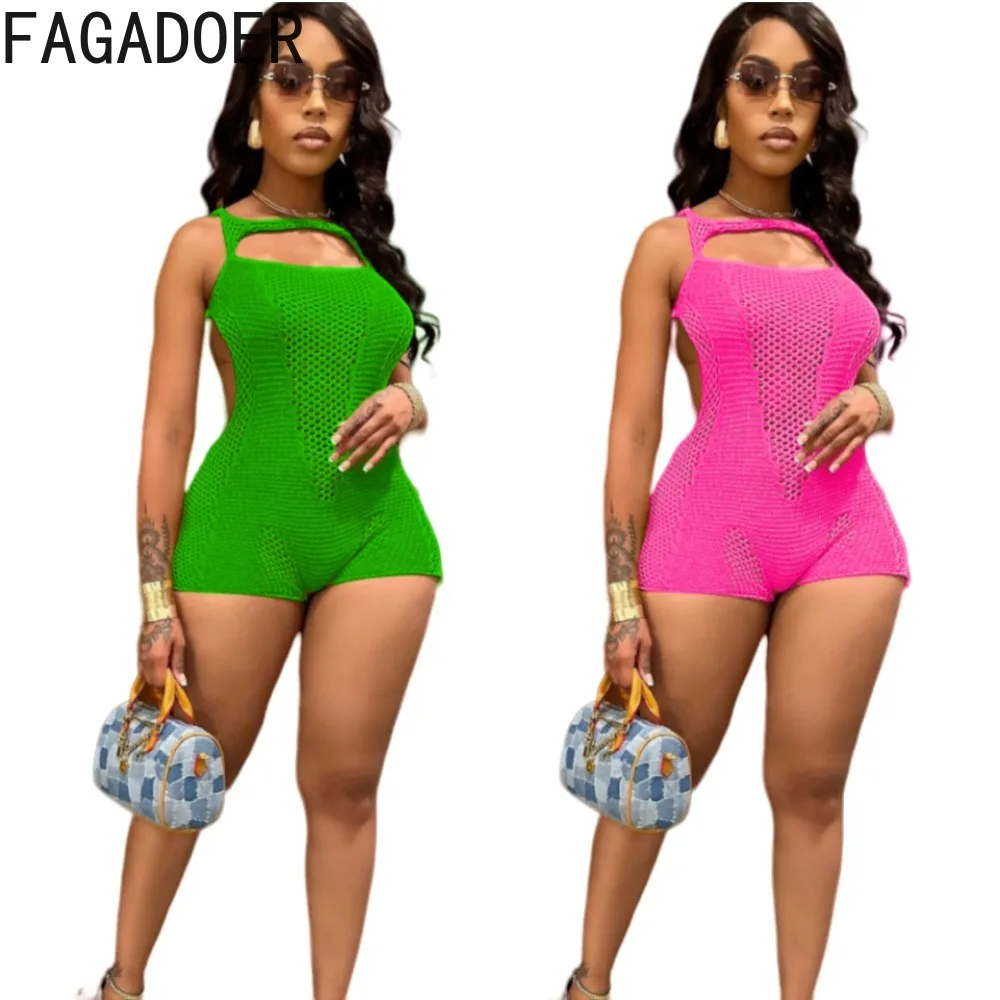 

FAGADOER Sexy Knitting Hollow Bodycon Rompers Women Round Neck Sleeveless Hole Elasticity Jumpsuits Fashion Solid Slim Overalls