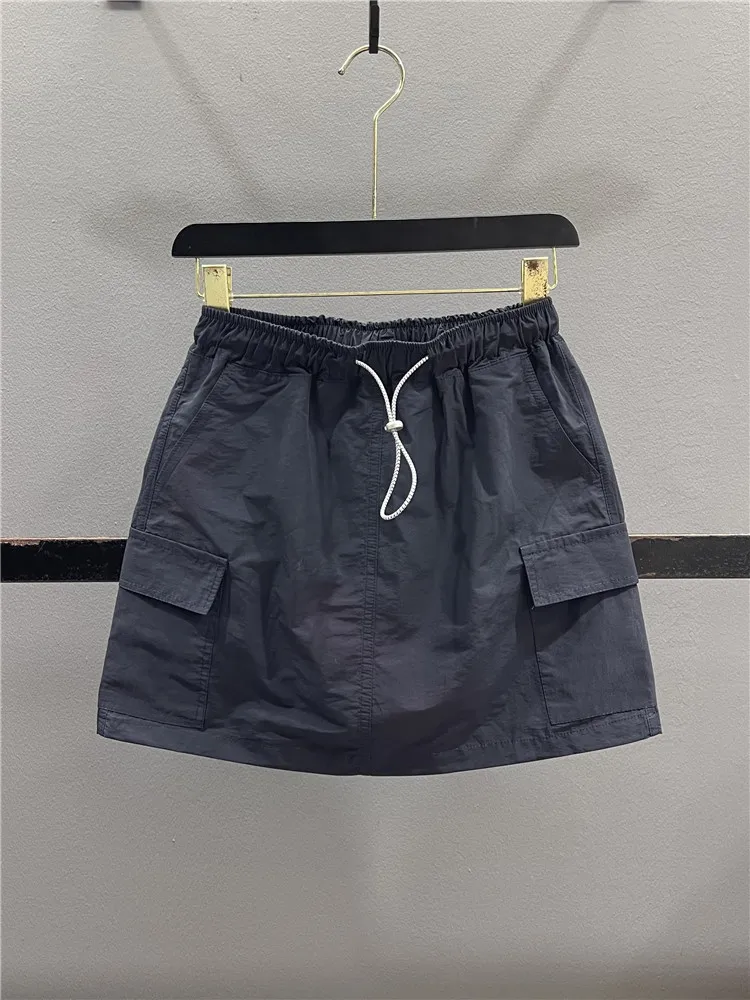 American Retro Workwear Half Skirt Women's Summer New Elastic Waist Drawstring Anti-Light A-Line Casual Short Skirt
