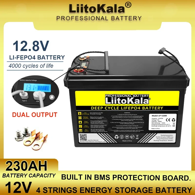 LiitoKala 12.8V 230Ah LiFePO4 battery with 12V 4 string BMS Protect For Yacht Campers Golf Cart Off-Road Solar Wind Duty-free