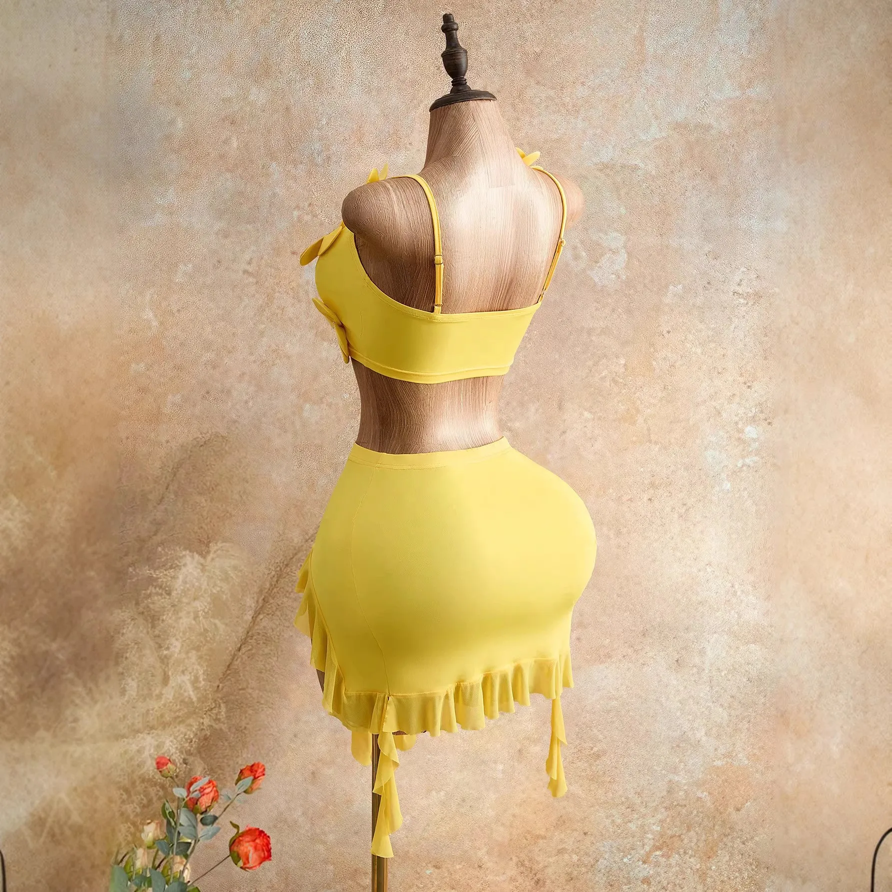 Summer 2 Piece Set Off Shoulder Crop Top High Waist Skirt Solid Color Dresses Ruffle Trim Mini Dress Strapless Elegant Women's