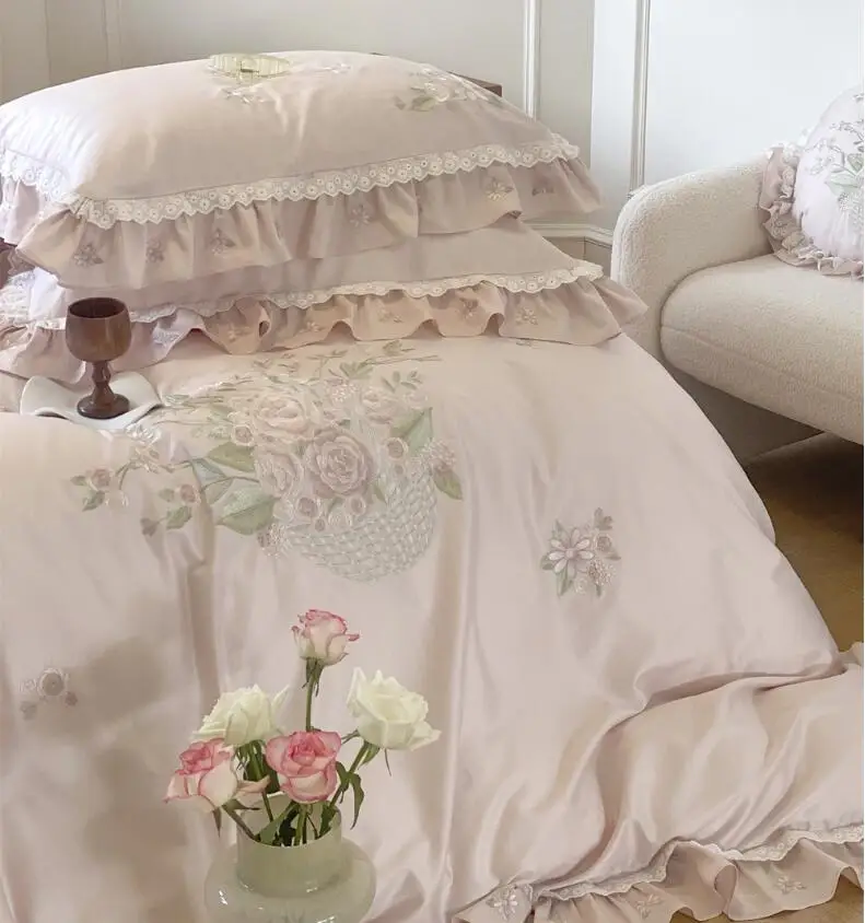 Lychee Rose 100 Thread Count Long staple Cotton French Embroidery Pure Cotton Four piece Set Princess Girl Lace All Cotton
