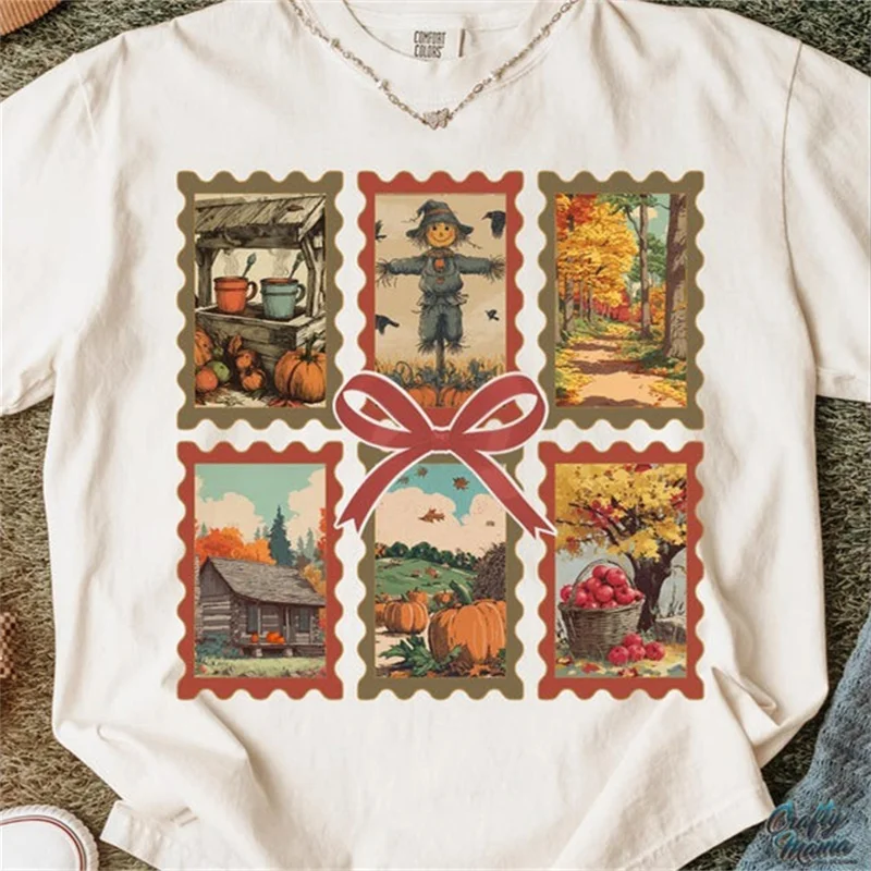 

Autumn Scene Stamp Printed Pattern Fashion Fun Regular Women's Cartoon T-Shirt Cute Top Casual Round Neck Harajuku Women's T-Shi