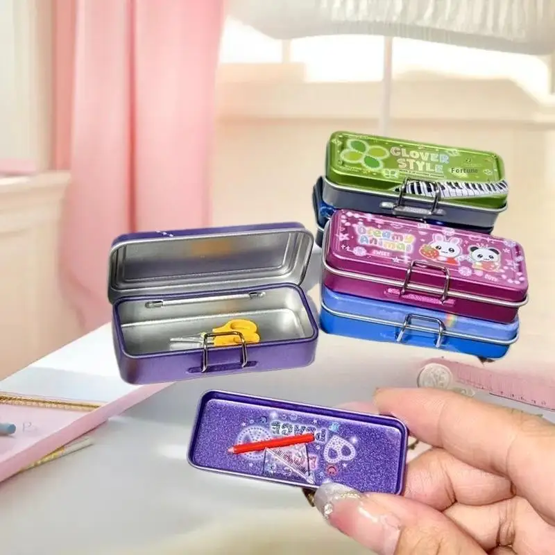 Iron Pencil Box Pretend Play Set Model for Dollhouse, Double Layer with Pen, Ruler, Scissors, Tape, Micro Landscape Decor.