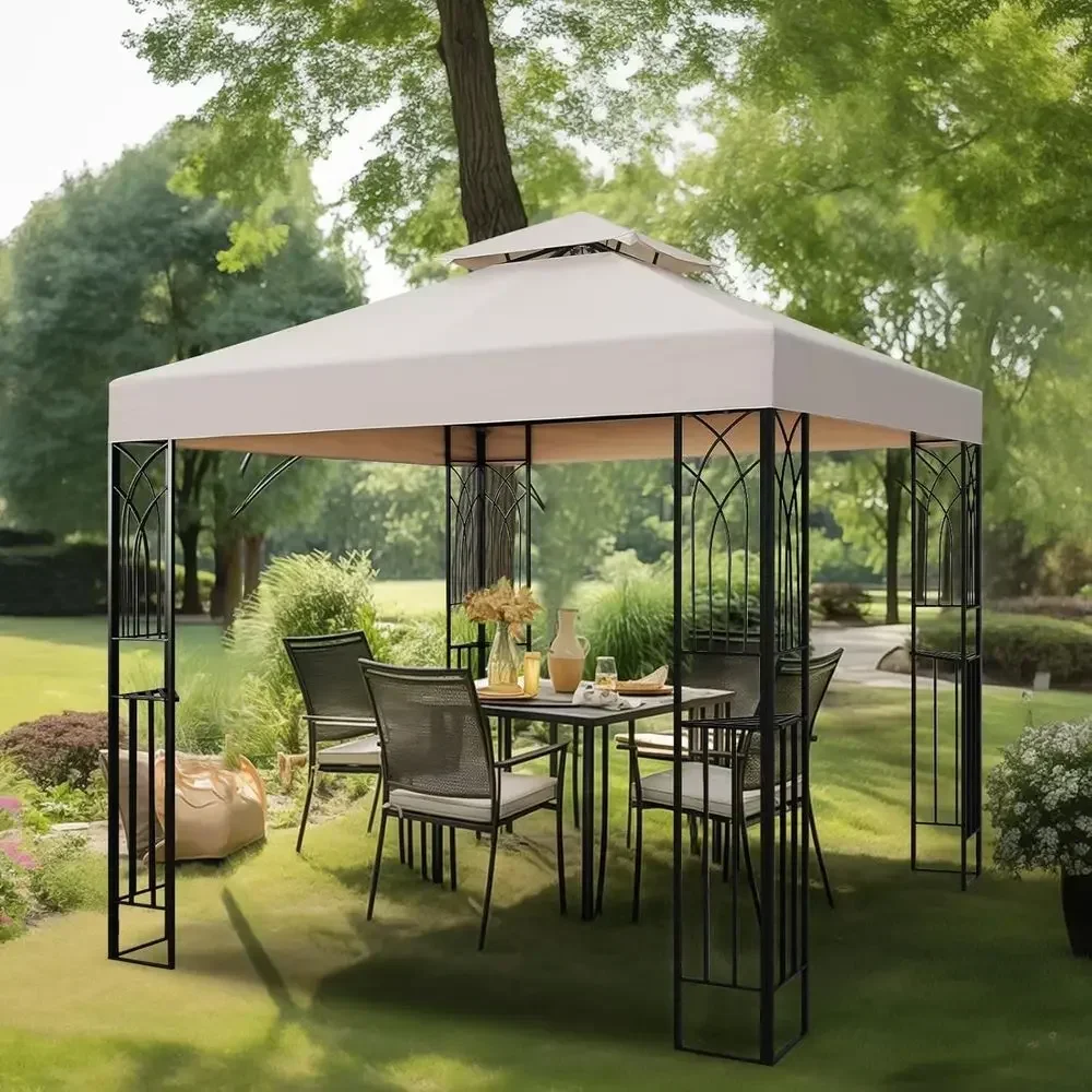 8x8 Beige Outdoor Gazebo with Shelves for Backyard or Patio