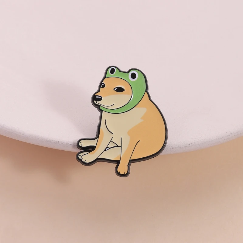 Funny Cheems Dog Wearing Frog Hat Enamel Pin Cartoon Shiba Inu Animal Brooch Lapel Badge Fashion Jewelry Gift for Kids Friends