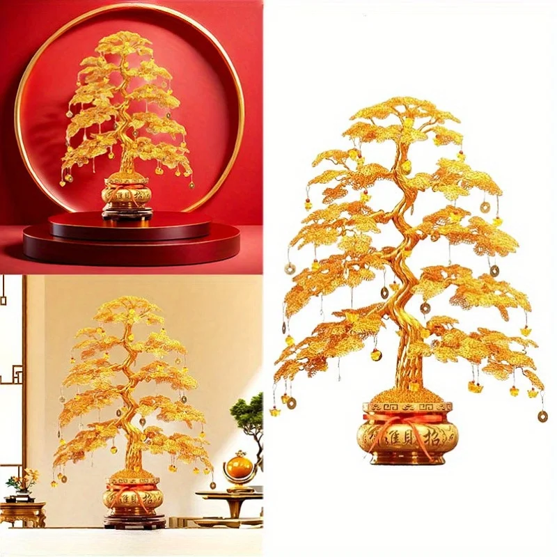 1pc Hand Woven Money Tree, Foyer Wealth Tree Decoration, TV Wine Cabinet Light Luxury Decoration, Chinese Style Wealth Attractin