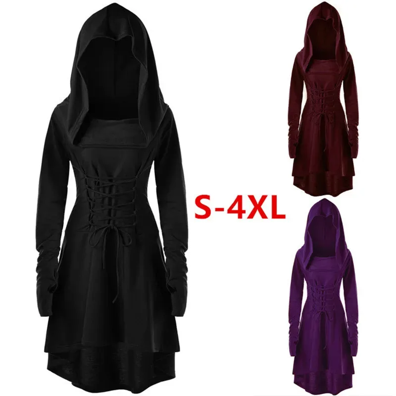 

Vintage Womens Cosplay Medieval Renaissance Archer Costumes Hooded Robe Lace Up Pullover Long Hoodie Dress Cloak Halloween Party