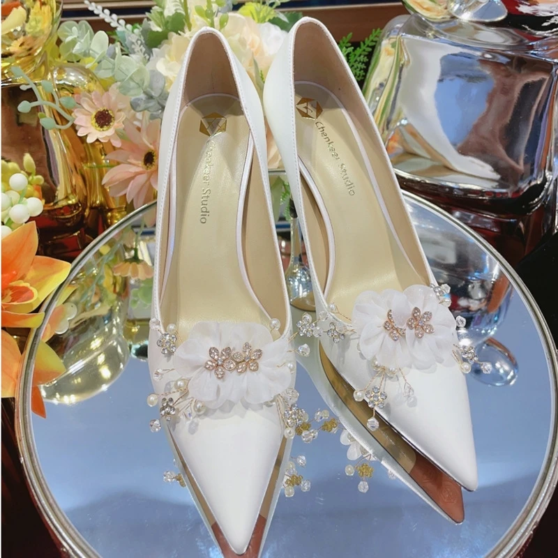 

Spring and Summer Pointed Shallow Mouth Pearl Water Diamond Butterfly Wedding Shoes Thin High Heels Banquet Dress Women's Shoes