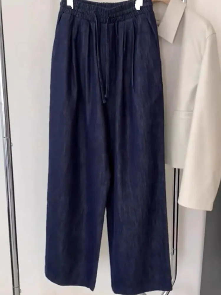 Pantalones de pierna ancha versátiles, pantalones largos informales de cintura alta para ir al trabajo, pantalones vaqueros azules holgados drapeados con cintura elástica