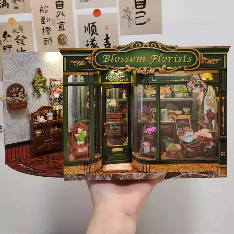 DIY Book Nook Kit Wooden Dollhouse with LED Lights 3D Magic Bookshelf Insert for Home Desk Decorative Display