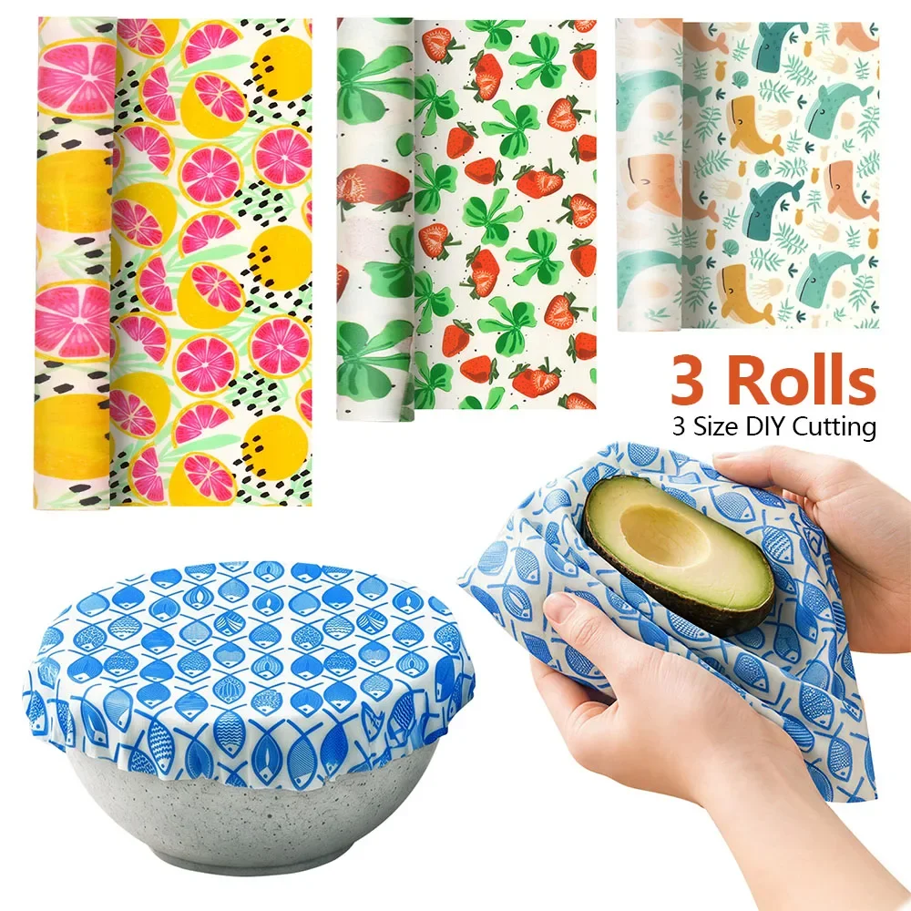 3 Rolls Reusable Beeswax Food Wrap 3 Size DIY Cutting Bread Storage Wrap Multi-role Beeswax Cloth Roll for Sandwich Cheese Fruit