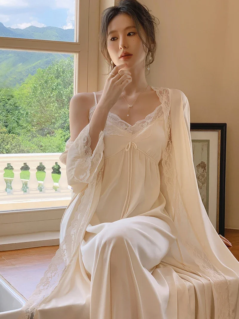 

French Princess Victorian Gown and Robe Sets Pijamas Nightwear Lace Silk Fairy Nightdress Women Spring Summer Sleepwear Homewear