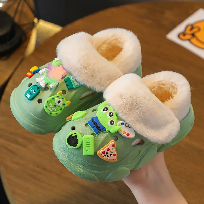 Kids Package Heel Cotton Slippers Cute Cartoon Children Warmly Shoes Waterproof Soft Sole Non-slip Girls Boys Baby Home Footwear